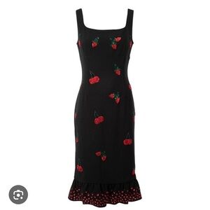Altuzarra Black Midi Dress with Red Cherry Embellishments